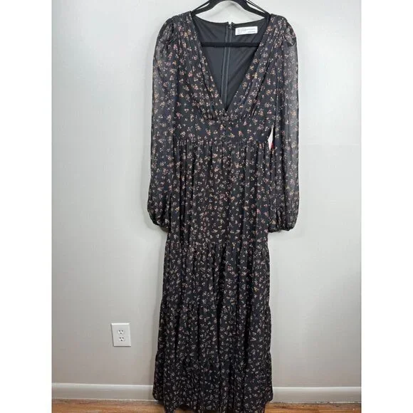 Mac Duggal 55431 Floral Tiered Long Sleeve Maxi Gown Dress Black Size 8 NEW $398